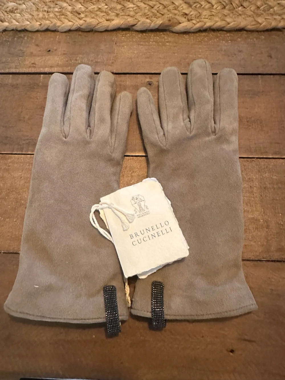 Brunello Cucinelli Women Taupe Suede Gloves with Bead Detail